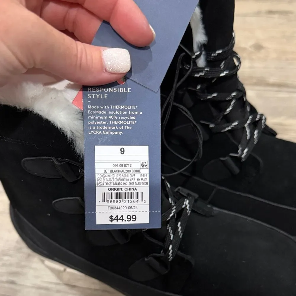 Universal Thread Black Winter Lace-Up Boots with White Faux Fur Trim